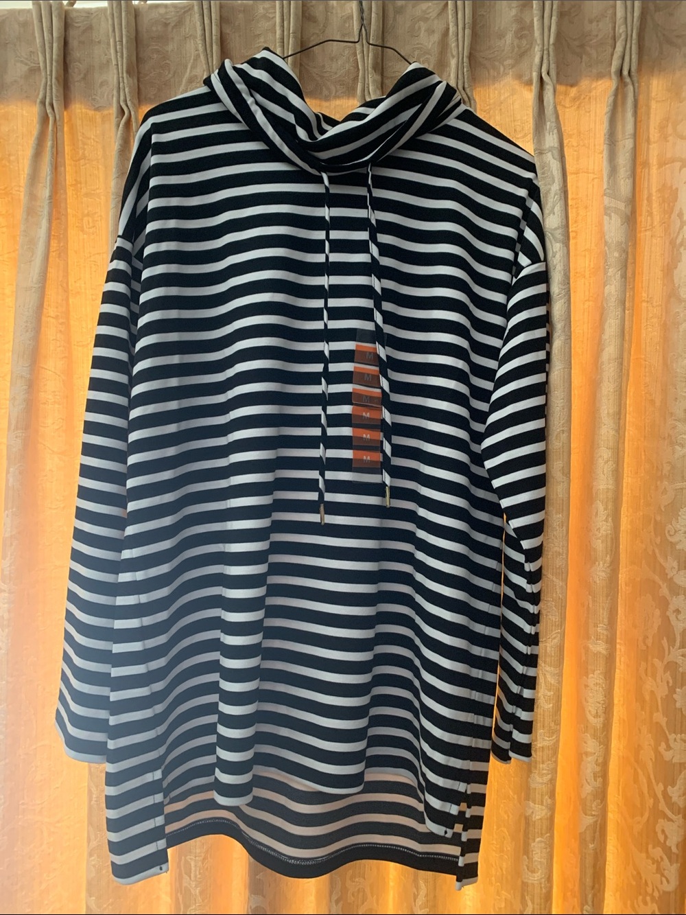 Jones New York Black and White Striped Cowl Neck Long Sleeve Top